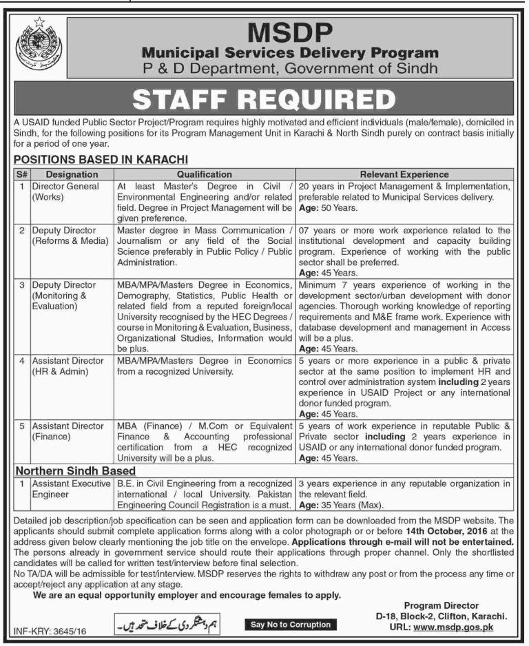 Government of Sindh USAID Jobs 2025 MSDP Planning Development Department