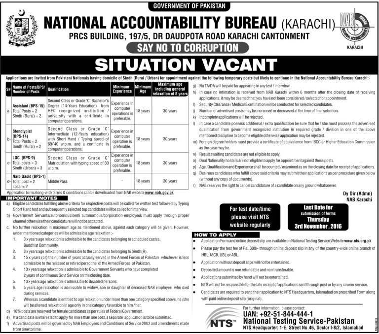 NAB Karachi NTS Jobs 2025 October Advertisement Application Form Download