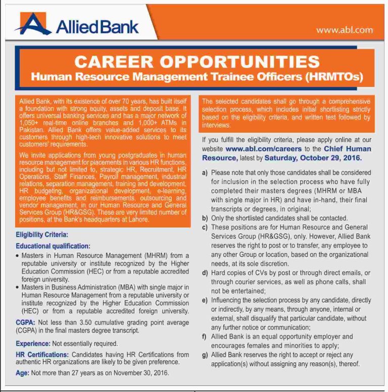 Allied Bank MTO Trainee Officer Jobs 2025 ABL Application Form www.abl.com