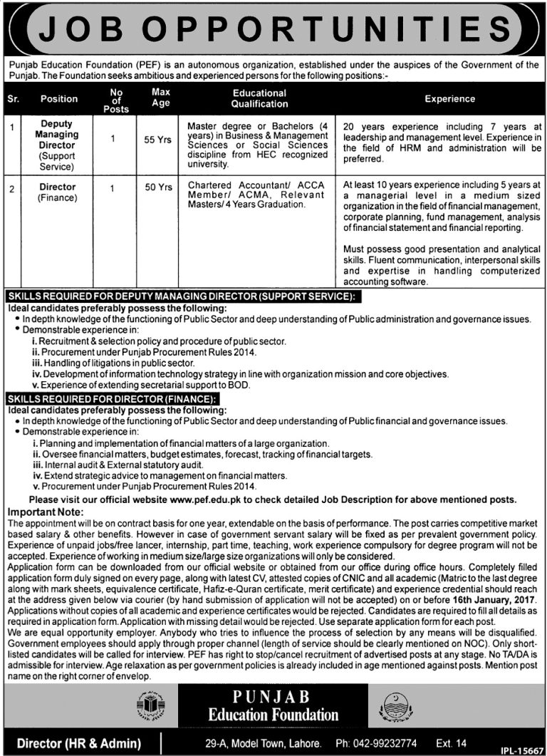 Punjab Education Foundation Deputy Managing Director Jobs 2025 January Application Form