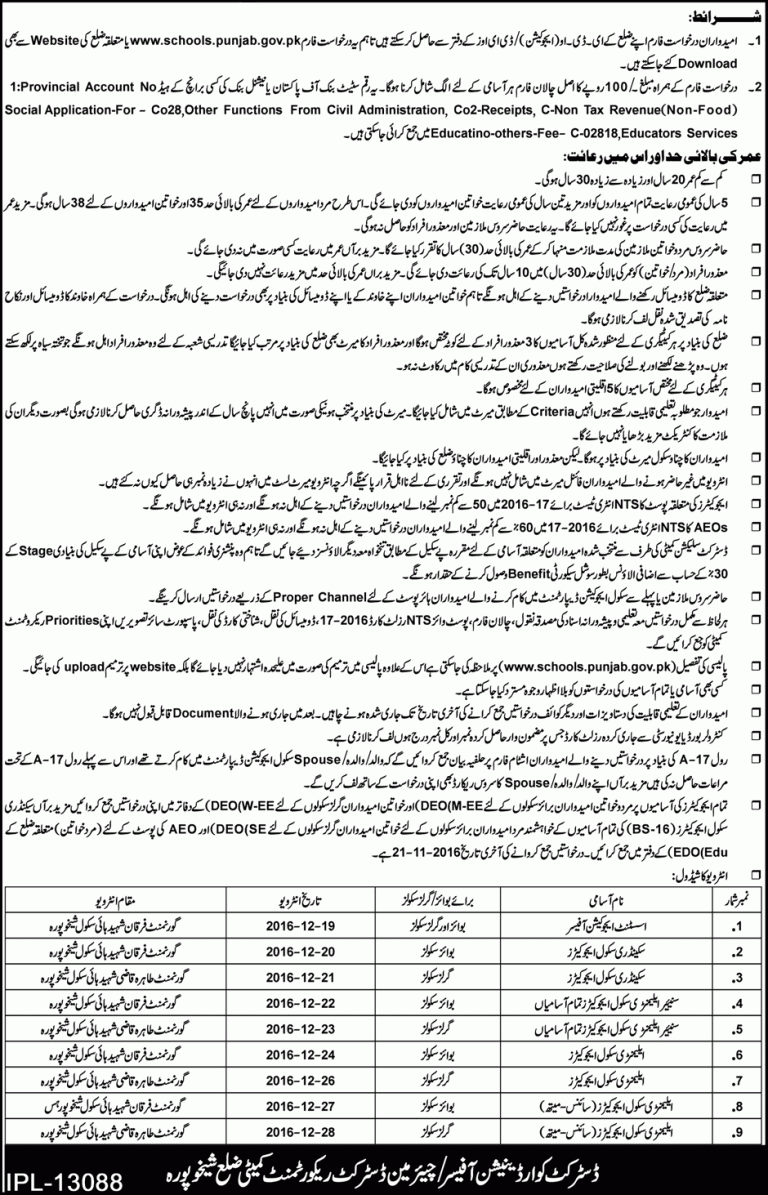 District Sheikhupura Educators Jobs 2025 November Advertisement NTS Test