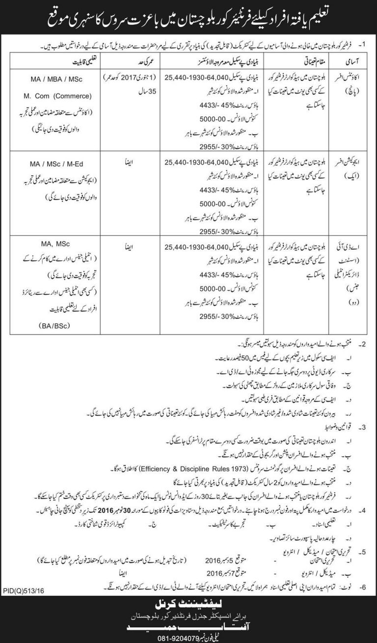 Frontier Corps Balochistan Intelligence Officer Jobs 2025 For MA, MSC, MBA, MCOM