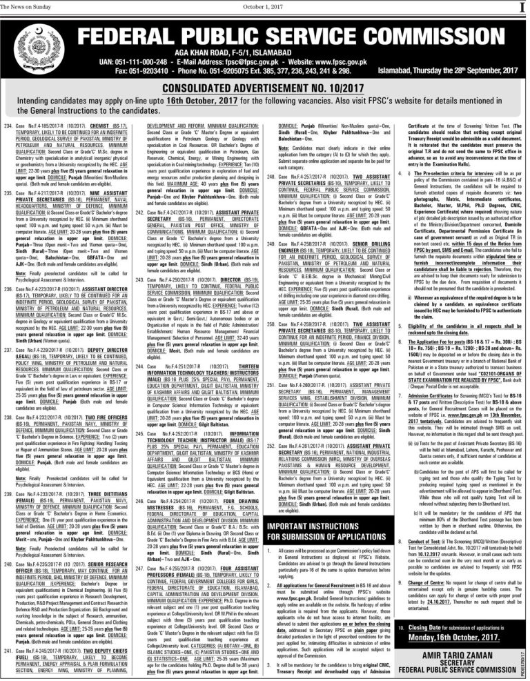 FPSC Jobs 2025 October Advertisement Online Application form www.fpsc.gov.pk