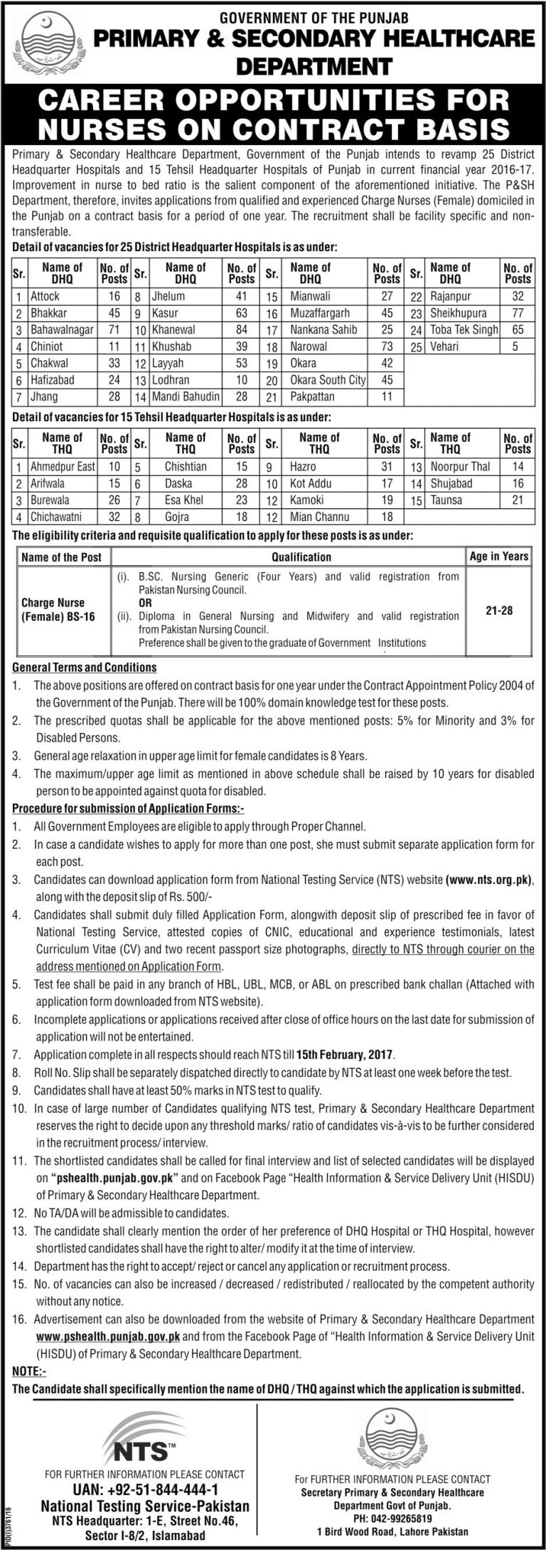 Charge Nurse Female Jobs 2025 NTS Primary and Secondary Healthcare Department