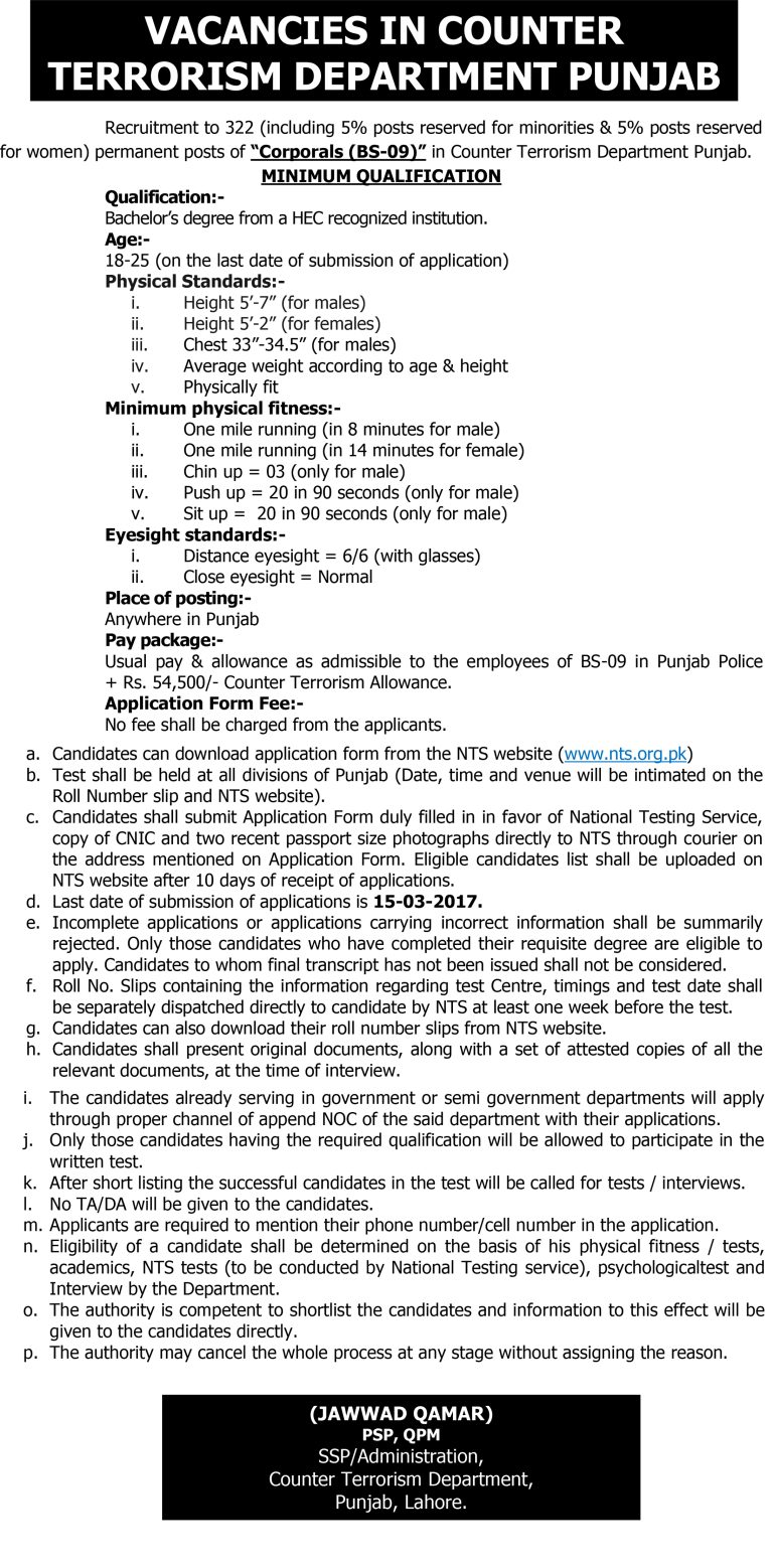 CTD Punjab Police NTS Jobs 2025 Corporals GOVT Vacancies Application Form