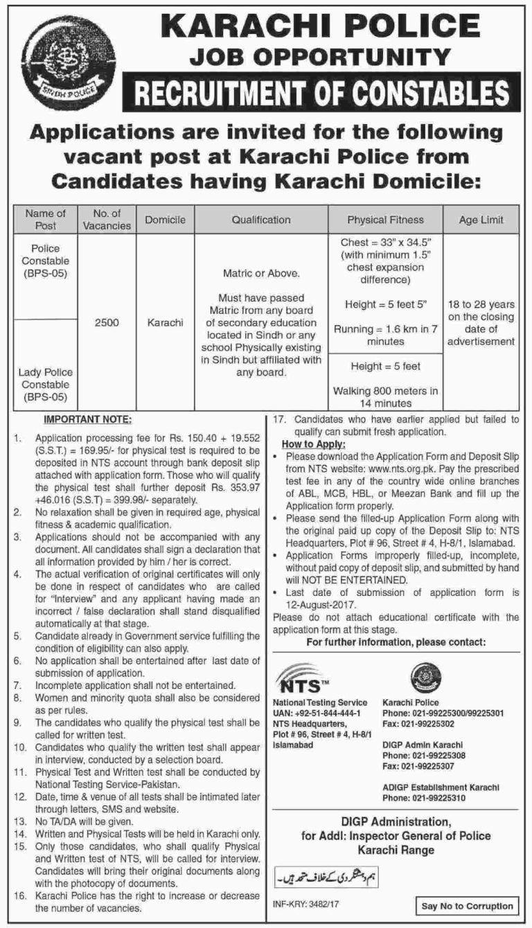 Karachi Police Constable And Lady Constable NTS Jobs 2025 Form