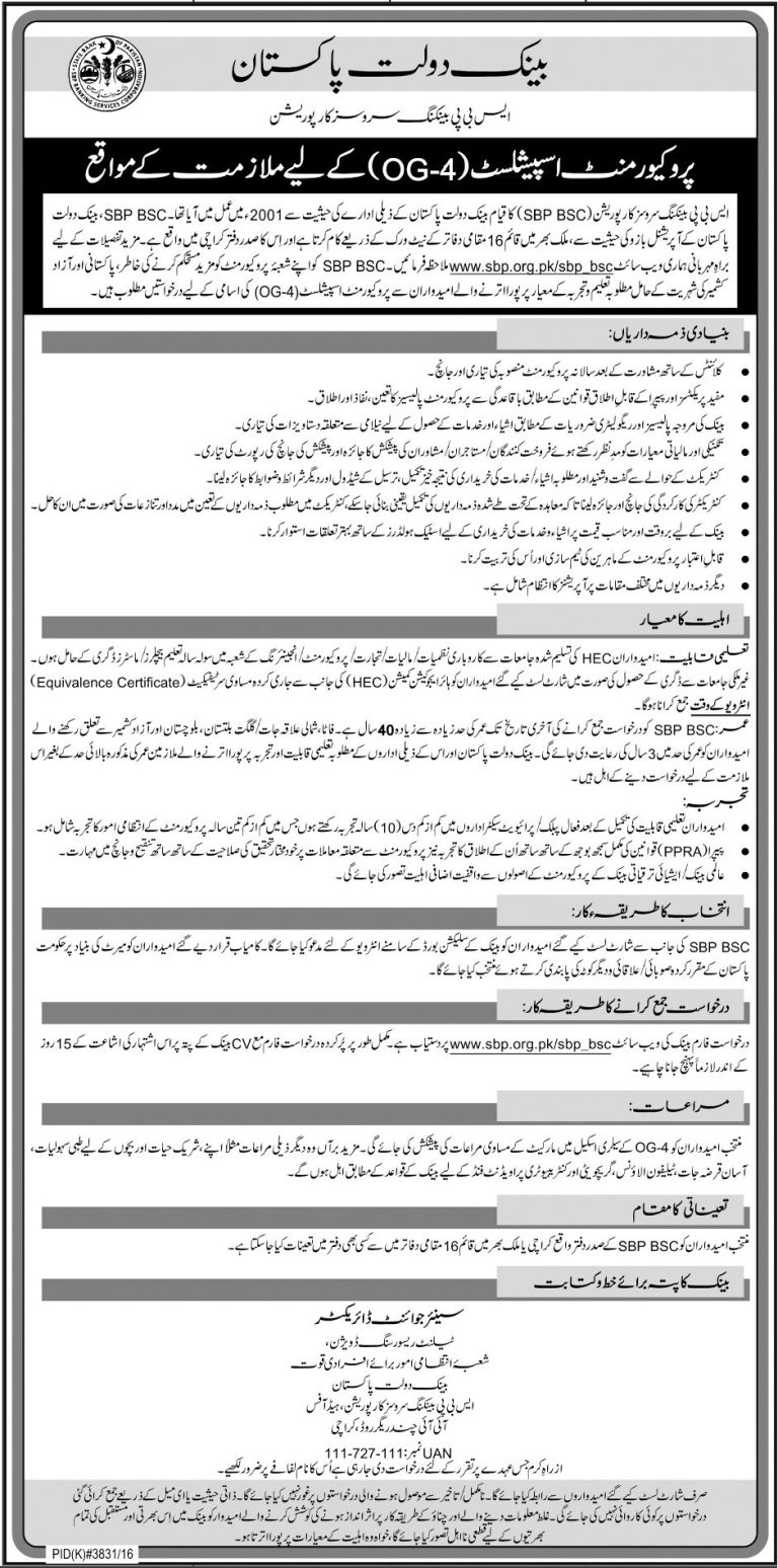 State Bank of Pakistan OG 4 Jobs 2025 SBP BSC www.sbp.org.pk Application Online form
