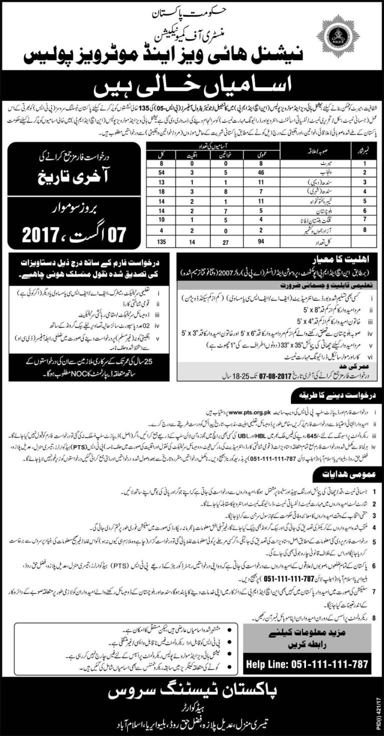 National Highways and Motorway Police Jobs 2025 PTS Form Constable, Junior Petrol Officers 135 Seats