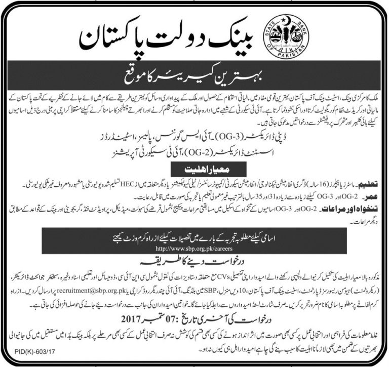 State Bank of Pakistan Jobs 2025 OG-3 Deputy Director OG-2 Assistant Director Advertisement