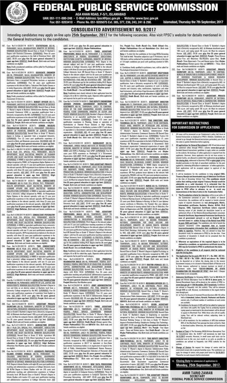 Federal Public Service Commission Islamabad Jobs 2025 FPSC Online Application Form