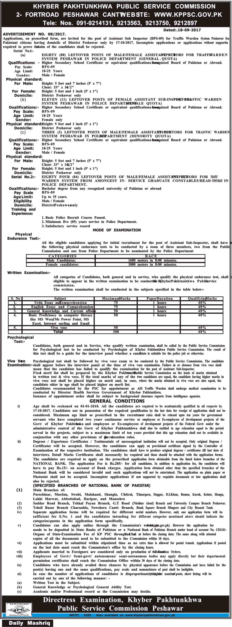 KPK ASI Warden Police Peshawar Jobs 2025 Sub Inspector Physical, Written Test Last Date Form