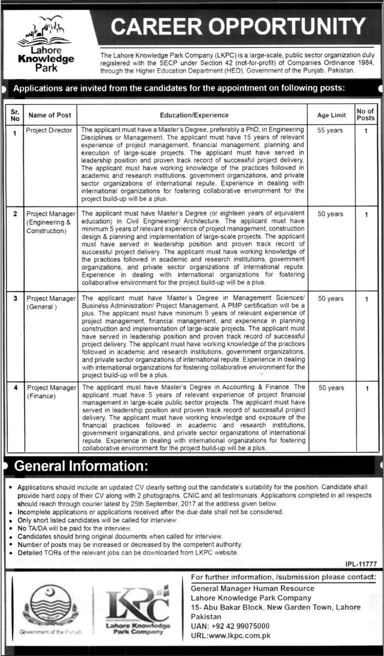 Lahore Knowledge Park Company Jobs 2025 KPK September Advertisement