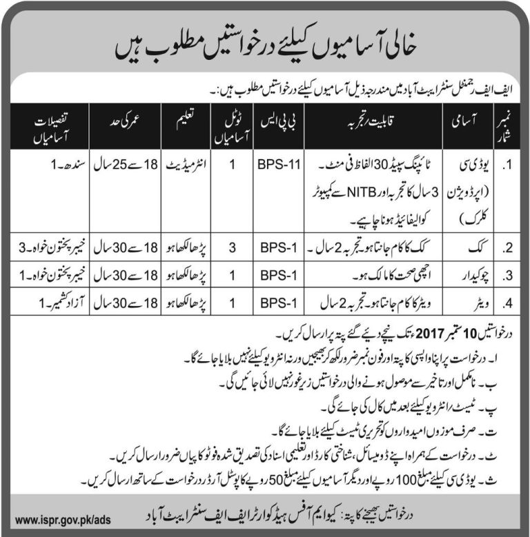 Pakistan Army Jobs 2025 in FF Regiment Center September Advertisements