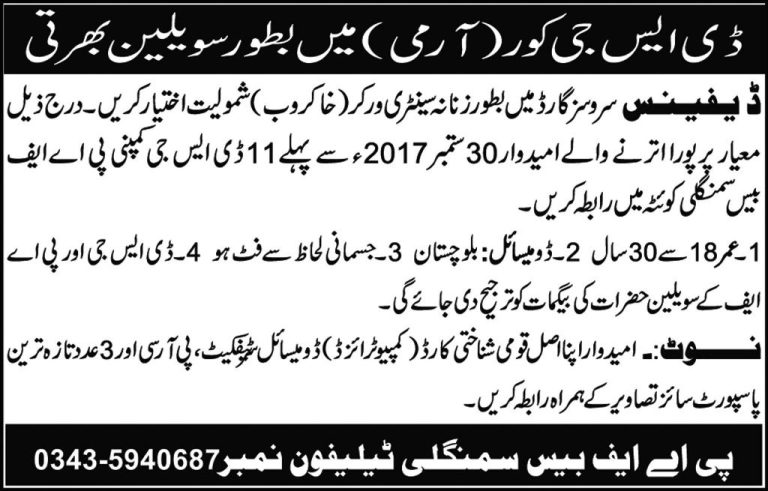 Pakistan Army Sanitary Worker Jobs 2025 For Balochistan Domicile Holders