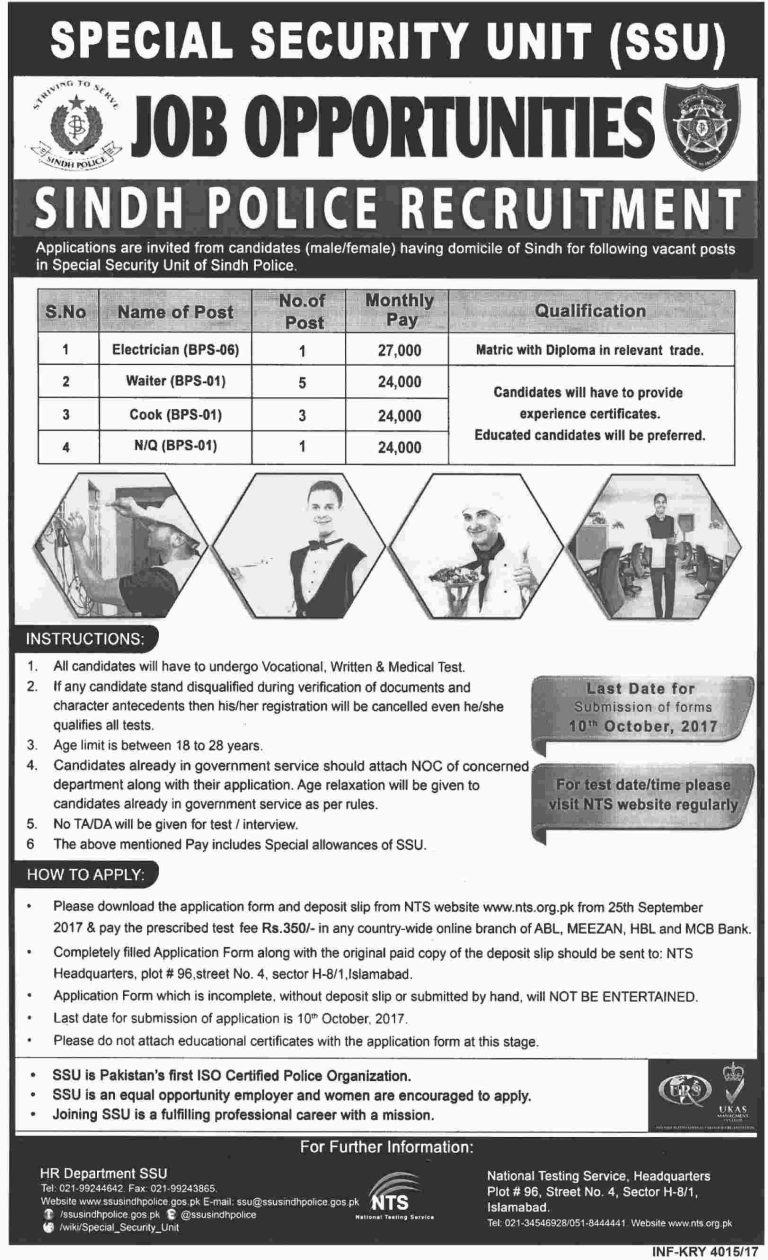 SSU Sindh police jobs 2025 NTS Application form for Matric Pass