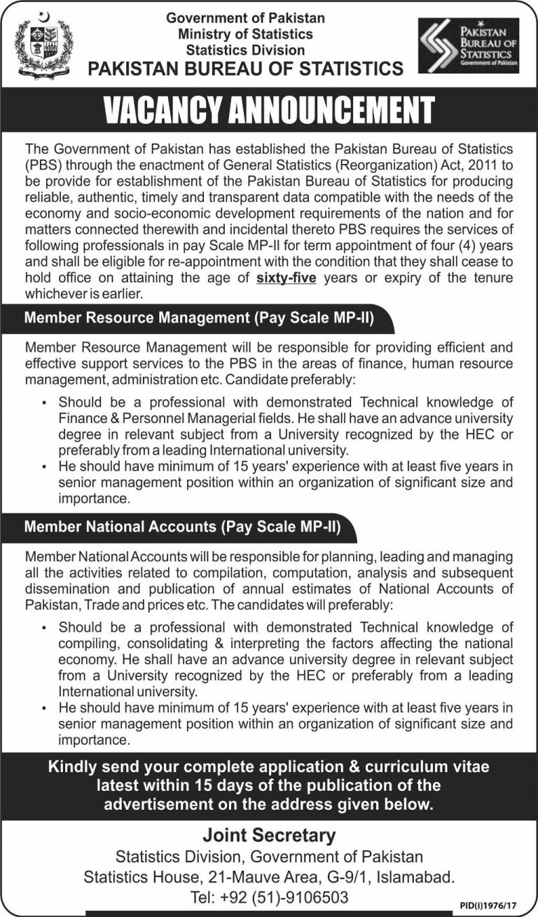 Pakistan Bureau of Statistics Islamabad jobs 2025 Application Form