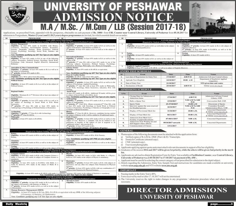 University Of Peshawar Admission 2025-19 Master Degree Last Date Advertisement Fee Merit List