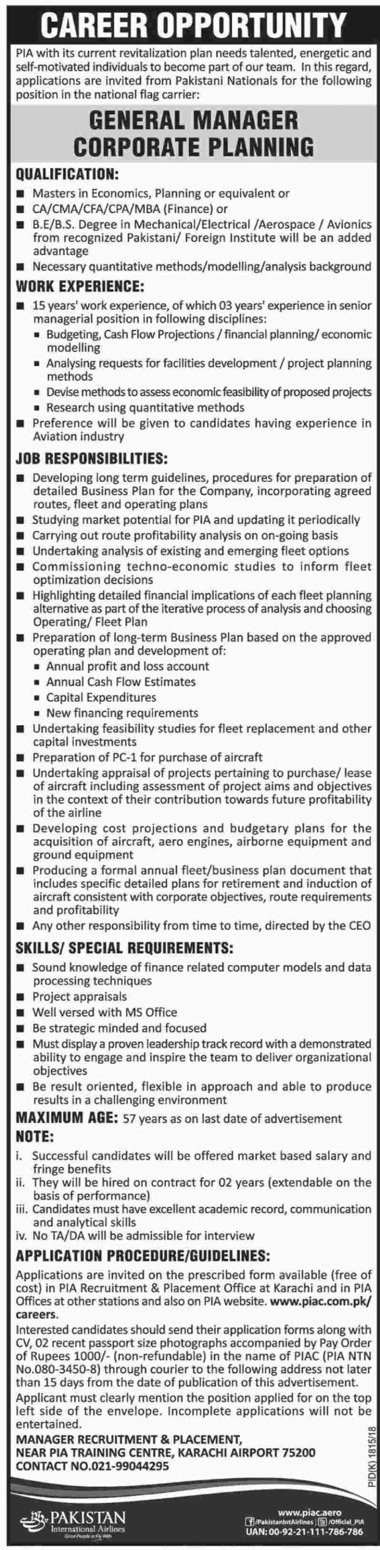 Pakistan International Airlines PIA Jobs 2025 General Manager Advertisement