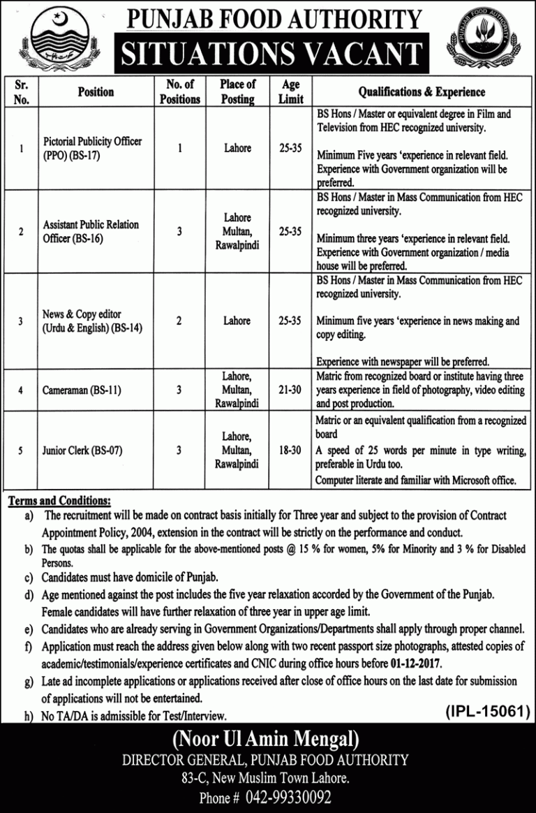Punjab Food Authority Jobs 2025 November Advertisement Last Date, Interview