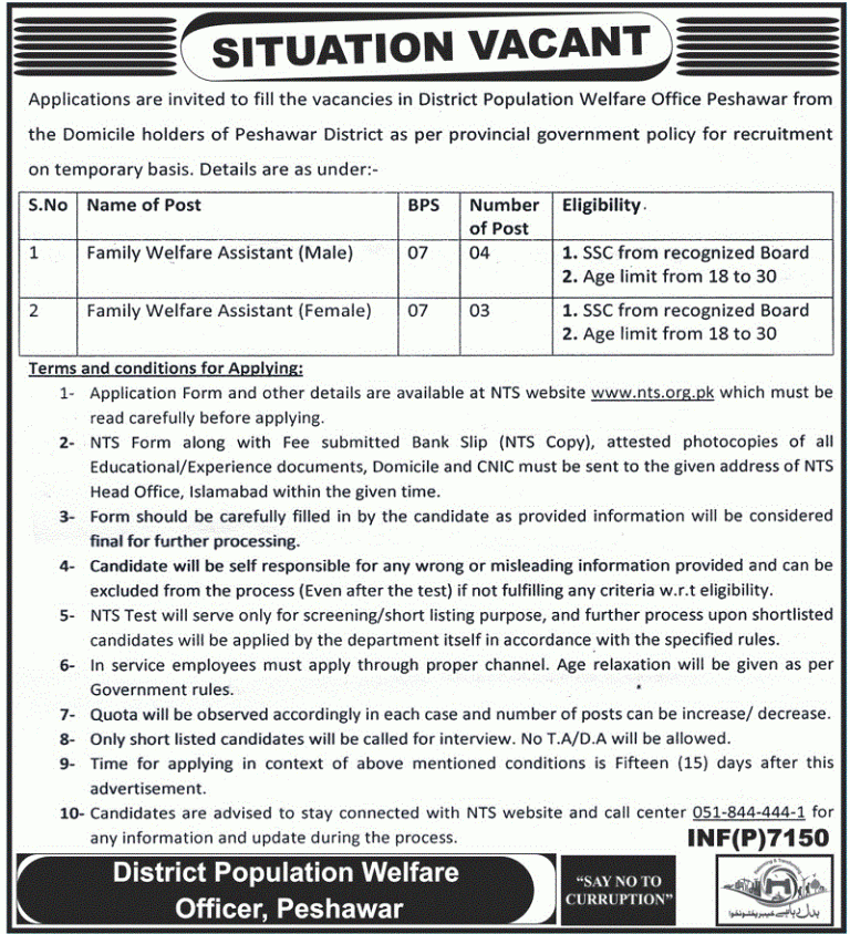 Family Welfare Worker NTS Jobs 2025 In Peshawar KPK Population Welfare Department For Male, Female