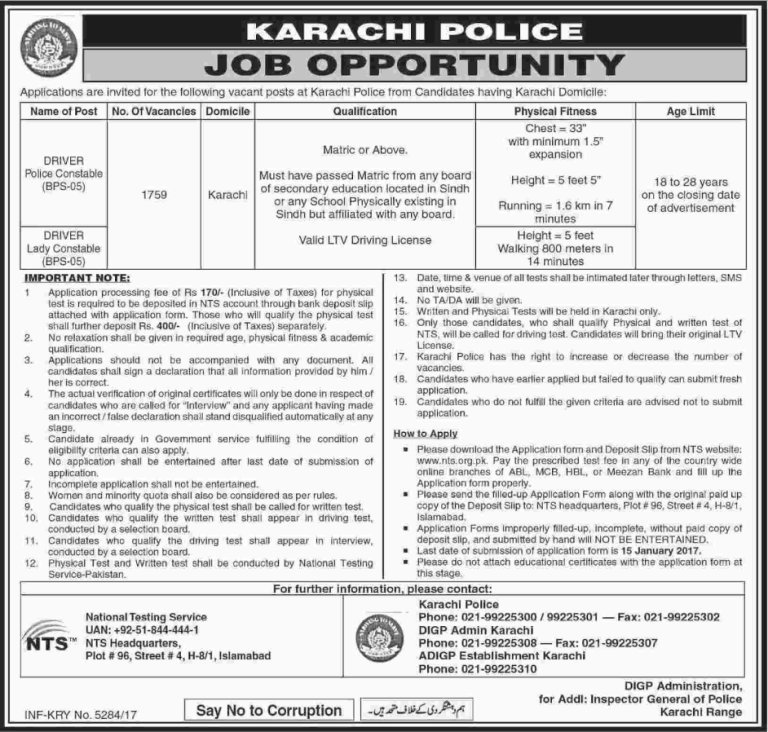 Karachi Police Driver Constable NTS Jobs 2025 For Male, Female Application Form Written Test Sample
