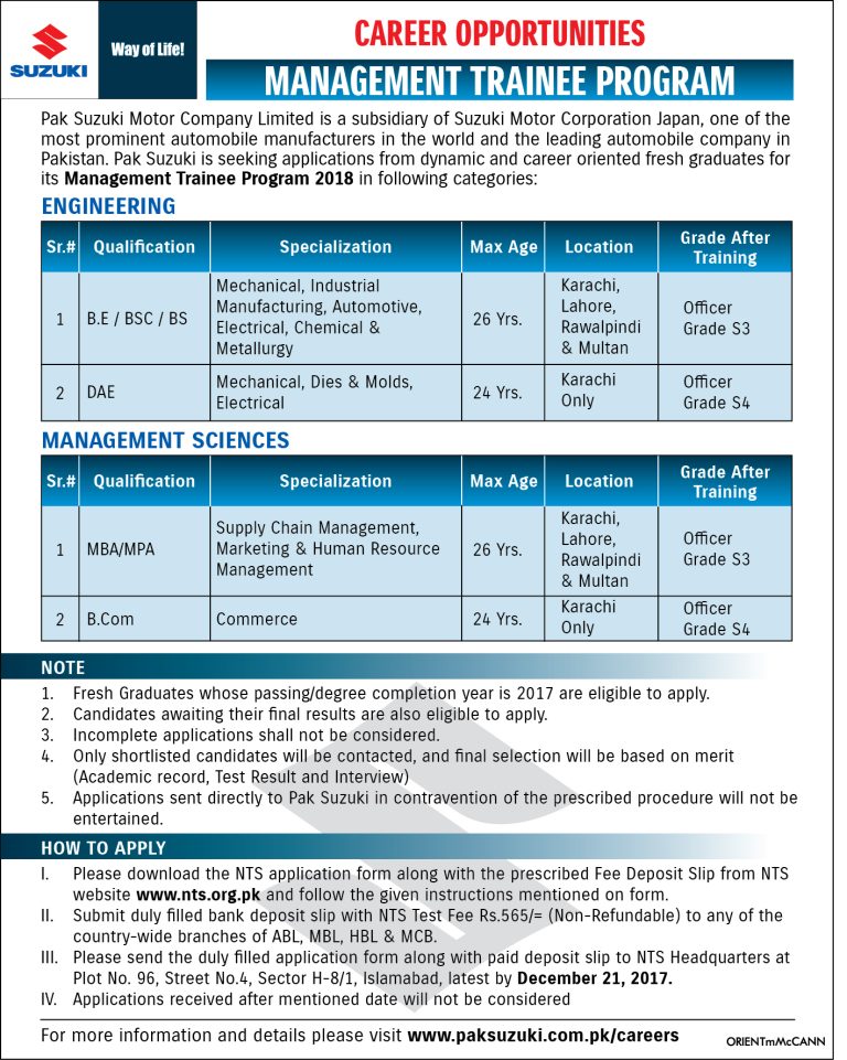 Pak Suzuki Motor Company NTS Jobs 2025-18 Management Trainee Programs Apply Last Date