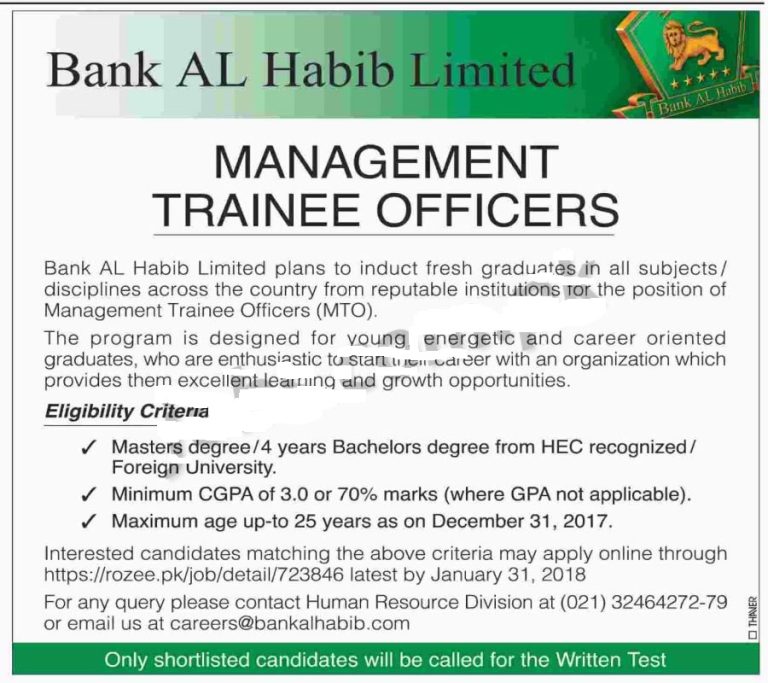 Bank Al Habib Management Trainee MTO jobs 2025 for Bachelor, Master Degree