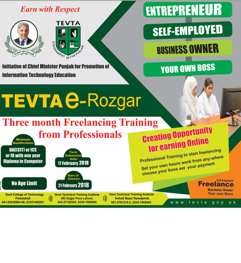 TEVTA E-Rozgaar Training program 2025 BY CM Punjab GOVT in Faisalabad, Lahore, Rawalpindi