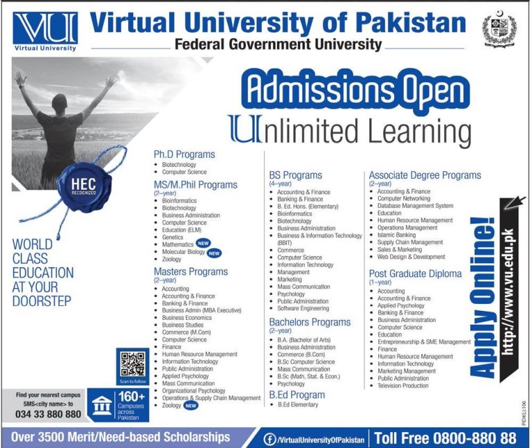 Virtual University of Pakistan VU Spring Admission 2025 Last Date Application Form Criteria Fee www.vu.edu.pk