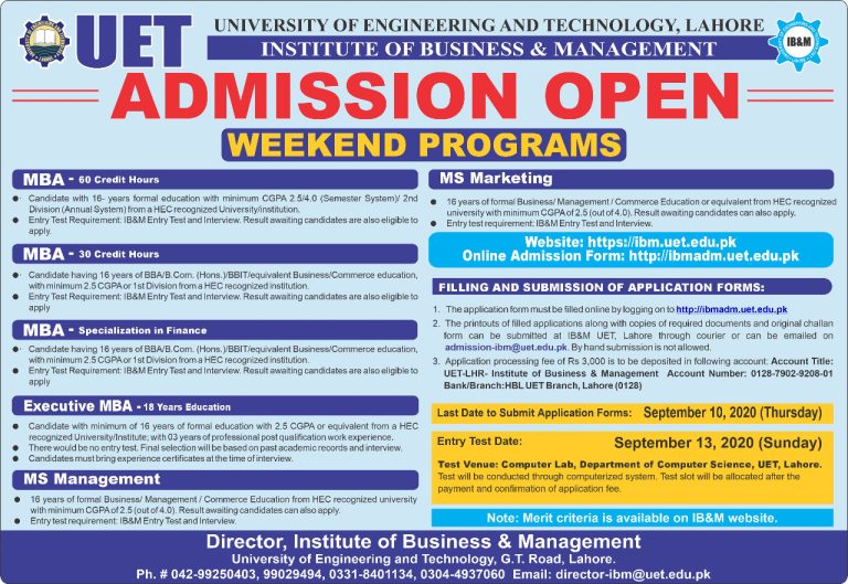 UET Admission 2025 For BBA, BSC, MBA Application Form Eligibility Last Date