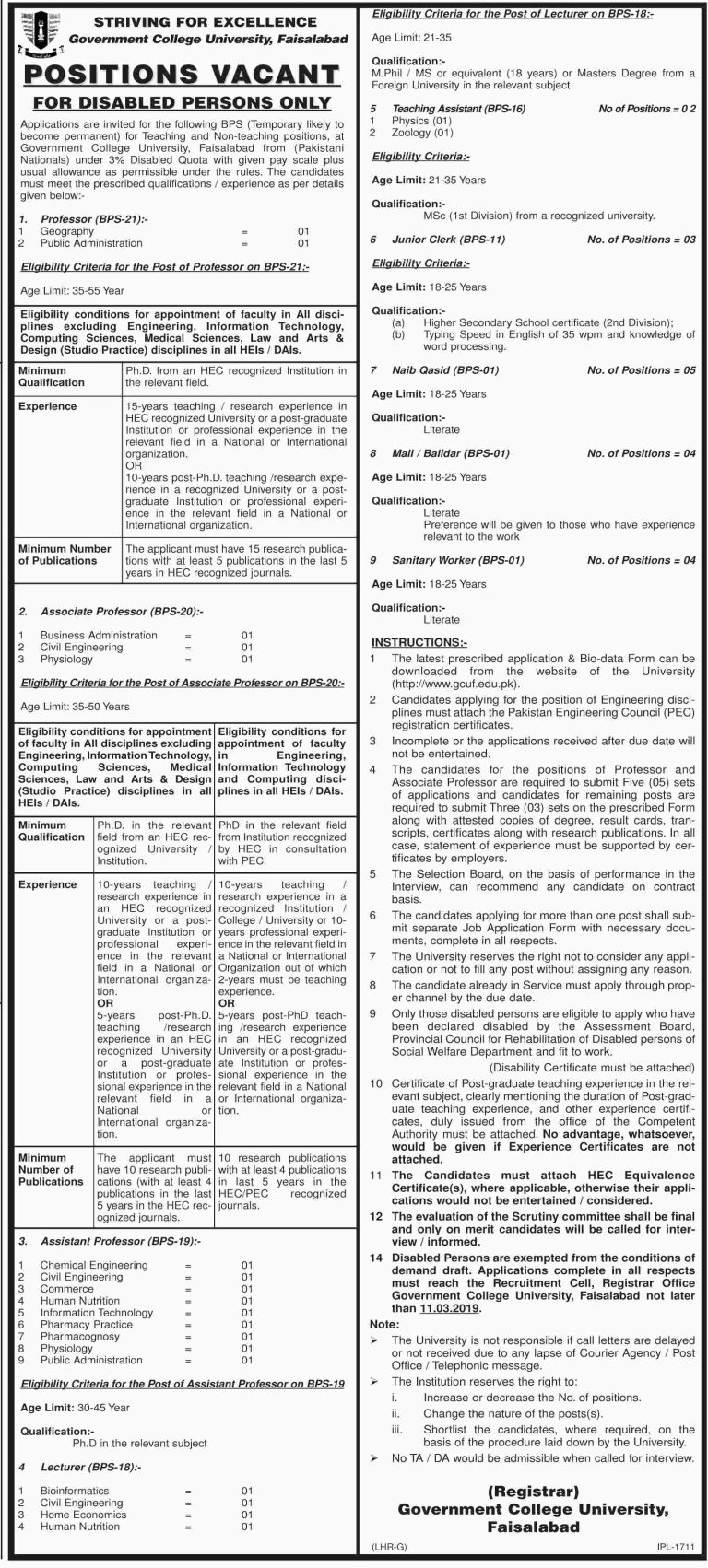 GC University Faisalabad Professor Jobs 2025 GCUF Advertisement
