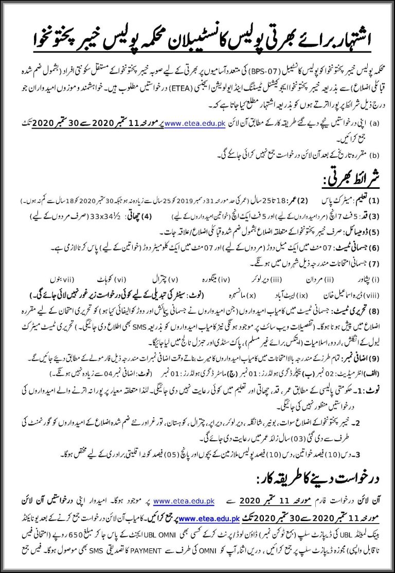 KPK Police Jobs 2025 Constable ETEA Advertisement