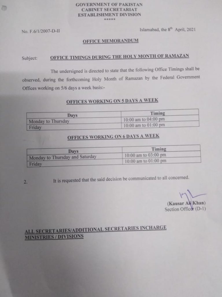 Punjab Government Ramzan Office Timings Duration 2025 Holidays Notification