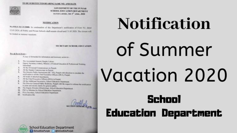 Government And Private School Summer Holidays 2025 Punjab GOVT Notification