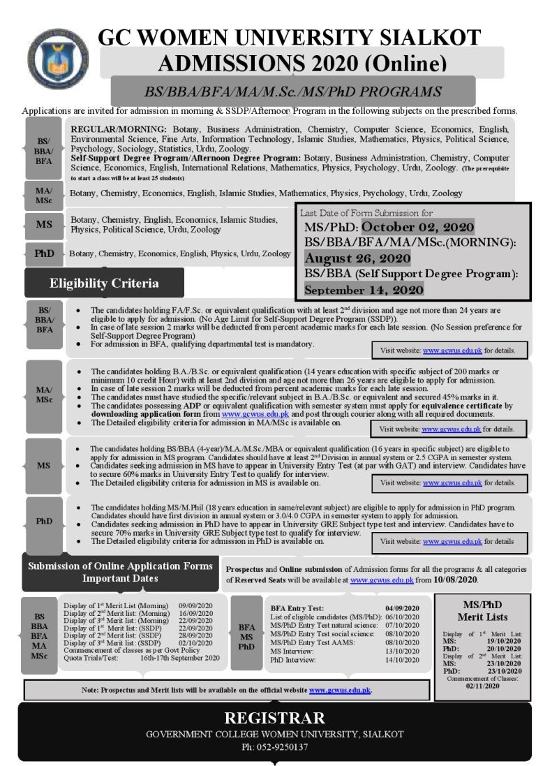 GC Women University Sialkot Admission 2025 Online Apply Last Date