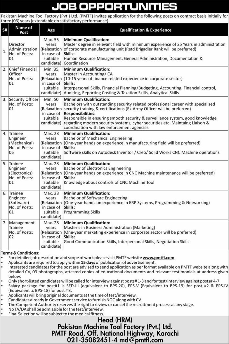 Pakistan Machine Tool Factory Jobs 2025 PMTF Form Last Date