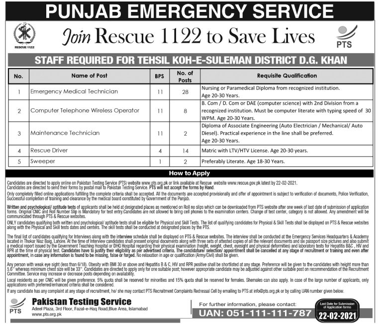 Rescue 1122 EMT Jobs 2025 Emergency Medical Technician PTS Apply Online