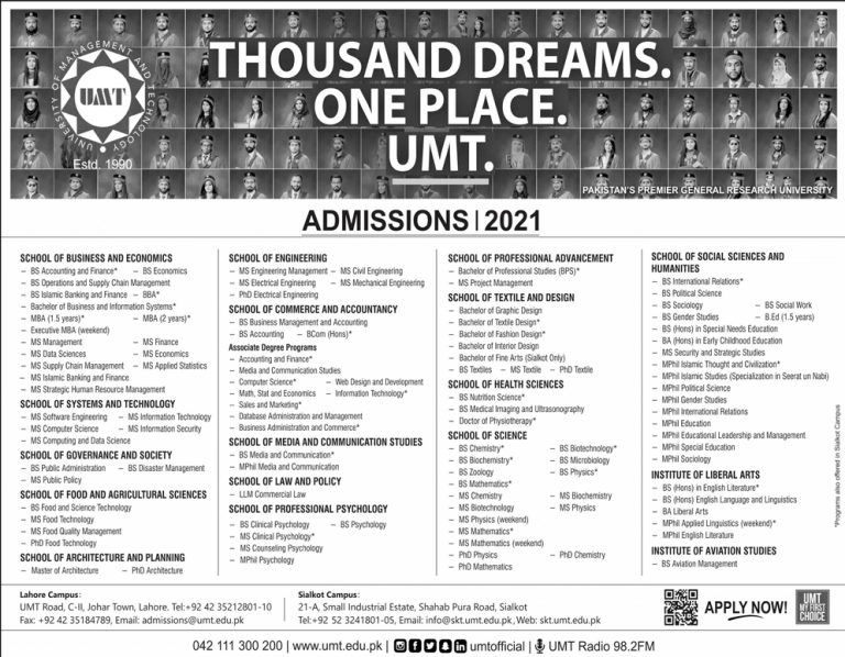 UMT Lahore Admission 2025 Undergraduate Last Date Application Form