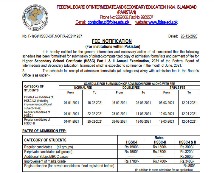 FBISE HSSC Admission Form 2025 Last Date Registration Fees Schedule